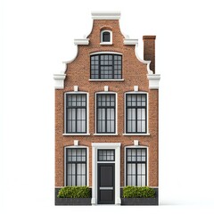 Fototapeta premium Classic brick house with large windows and elegant architecture, isolated on a white background.