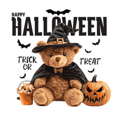 Cute teddy bear illustration.Trick or Treat.Halloween poster. Design for greeting card, party invitation, banner, postcard. Vector illustration.Halloween themed cute teddy bear vector graphics.
