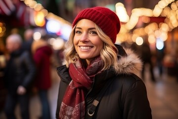 Portrait of a beautiful woman wearing a hat and scarf at christmas time