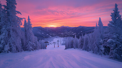 A stunning winter landscape at sunset, featuring snow-covered slopes, towering trees, and a vibrant pink sky illuminating the mountain scenery.