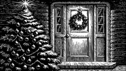 Fototapeta premium Illustrated Holiday Door with Lit Christmas Tree