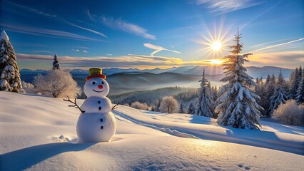 Fototapeta premium A cheerful snowman stands tall amidst a snowy mountain landscape, bathed in the golden glow of a winter sunrise, with frost-kissed trees reaching for the clear blue sky.
