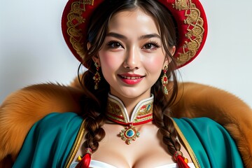 Picture Charming woman with braided brown hair in a traditional kazakh folk dress