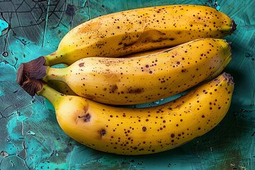 Top-down shot of yellow bananas on a green table.