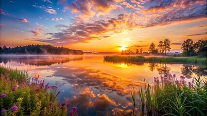 A Serene Sunrise Reflecting on Still Water, Painting the Sky with Hues of Orange and Purple, While a Gentle Fog Rolls Across the Lake