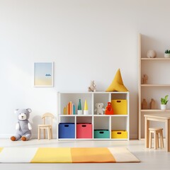 A bright white kids room featuring a toy shelf filled with colorful toys, creating a cheerful and inviting atmosphere.