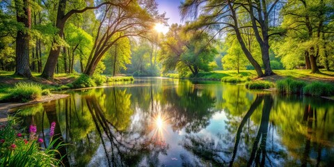 Sunlight filtering through the leaves, illuminating the tranquil river with a glistening reflection, showcasing a serene forest landscape.