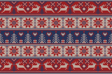 Knitting christmas tree seamless pattern geometric, snowman, ornament. Fabric Seamless pattern.Vector illustration. Ikat ethnic oriental embroidery,Aztec style,baroque.design for texture,clothing