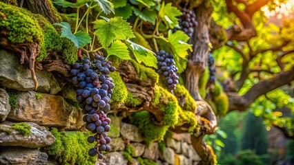 A cluster of ripe grapes hangs from a vine draped over a moss-covered stone wall, bathed in warm sunlight.