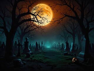 halloween night scene,halloween night scene with bats,spooky halloween night,spooky halloween night with cemetery