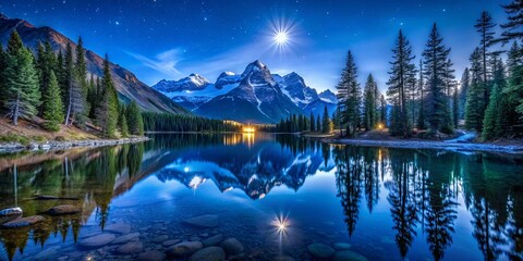 Reflective Serenity A Starry Night Sky Over a Mountain Lake With Tranquil Waters Reflecting the Peaks and a Distant Moon