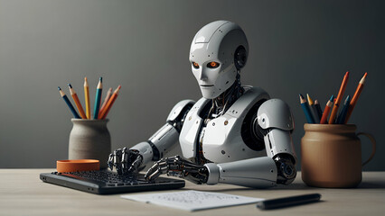 Advanced Humanoid Robot Working on Laptop in Futuristic Office Depicting AI Innovation and Technology