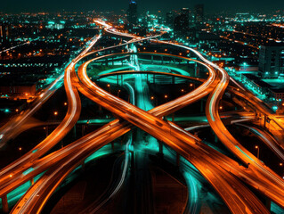 Aerial view of illuminated highway interchange at night, showcasing urban traffic flow