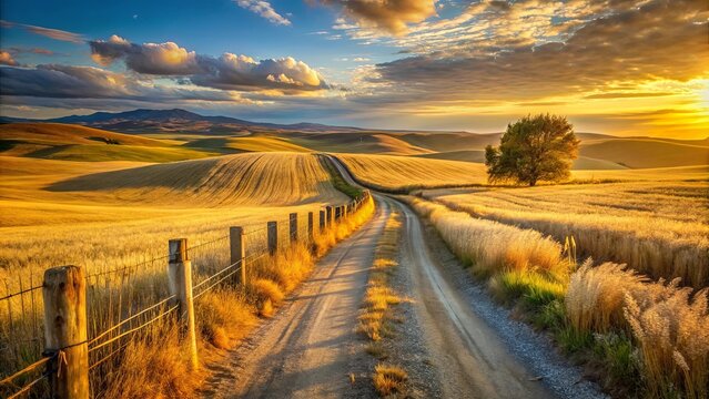 A winding dirt road leading through golden fields of grain with a lone tree silhouetted against the setting sun, bathed in warm sunlight and framed by a rustic wooden fence