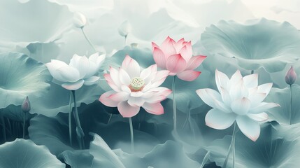 Naklejka premium White and Pink Lotus Flowers Blooming in a Pond