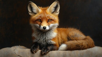 Fototapeta premium A red fox with white chest and tail lies on a burlap sack against a dark background, looking directly at the camera.