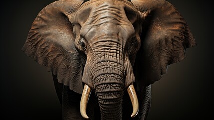 A close-up portrait of an African elephant with its trunk and tusks prominently displayed. The elephant's eyes are sharp and focused, creating a powerful image of strength and wisdom.