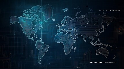 Naklejka premium Advanced Global Technology Map with Futuristic Circuit Design Elements Photo