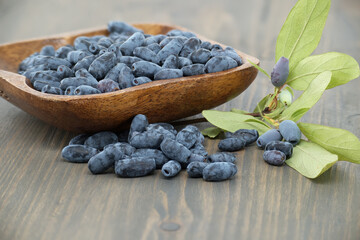 Blue Honeysuckle berries berries situated on rustic wooden table