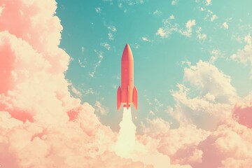 Fototapeta premium A red rocket ship blasts off into a vibrant blue and pink sky with white clouds.