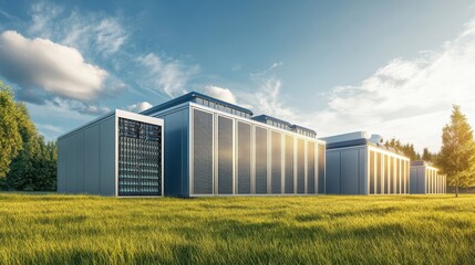 A modern data center features robust infrastructure with external generators and cooling systems