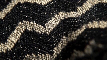 Obraz premium Close-up of Black and White Woven Fabric with Chevron Pattern