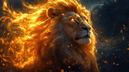 Fototapeta premium A majestic lion with flaming mane and glowing eyes against a dark, stormy sky.