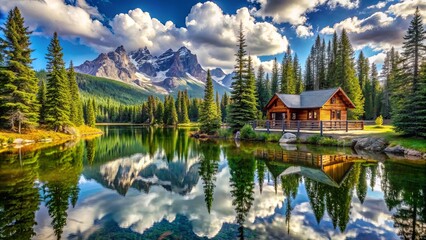 Obraz premium A Rustic Cabin Nestled Among Evergreen Trees Reflecting in a Still Mountain Lake Surrounded by Majestic Peaks