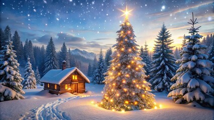 Fototapeta premium A Sparkling Christmas Tree Stands Tall in a Winter Wonderland, its Lights Reflecting Off the Snow-Covered Trees and the Cozy Cabin in the Distance