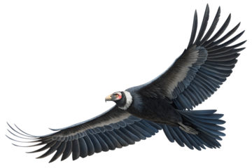 Front view, Andean Condor is spreading its wings and flying isolated on a transparent background