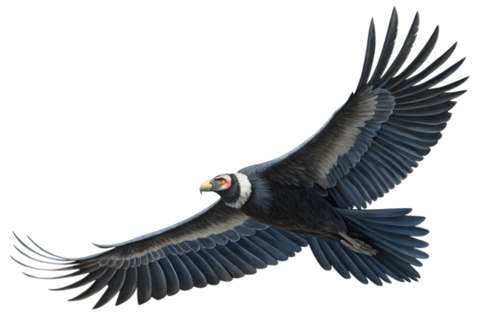 Front view, Andean Condor is spreading its wings and flying isolated on a transparent background