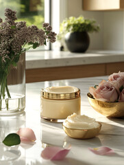 A luxurious, open jar of creamy facial mask displayed on a marble countertop, with a small amount of the mask scooped out and placed beside it.