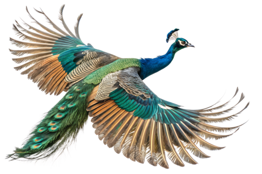 Peacock is spreading its wings and flying isolated on a transparent background