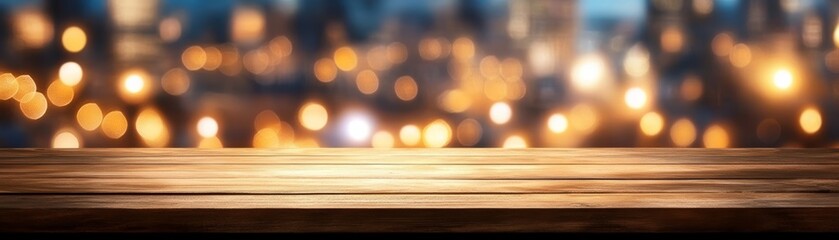 Rustic wooden table with warm bokeh background ideal for product displays and food photography