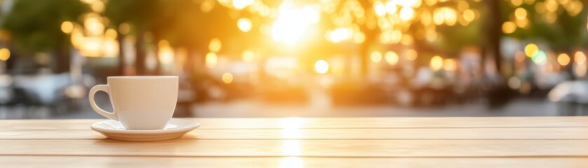Closeup of steaming coffee cup on rustic wooden table in cozy cafe, perfect for relaxing coffee break