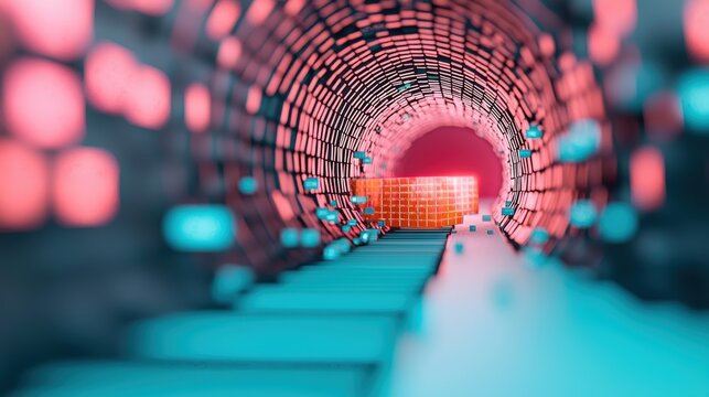 Abstract visualization of data security, with encrypted data packets traveling through a secure tunnel, representing the protection of sensitive information.