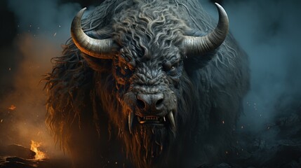 Naklejka premium A fierce, mythological beast with large horns and a menacing expression stands in front of a fire, with smoke swirling around it.