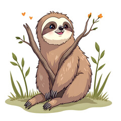 Obraz premium Embrace nature s beauty with a cheerful sloth smiling amongst the blossoms, illustration of character design concept.