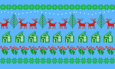 Christmas New Year Ethnic geometric seamless fabric pattern Cross Stitch embroidery oriental Pixel pattern Detailed Vector Illustration for Textile Print Design CrossStitch frames decoration wallpaper