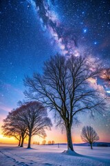 Trees at winter under sky full of stars
