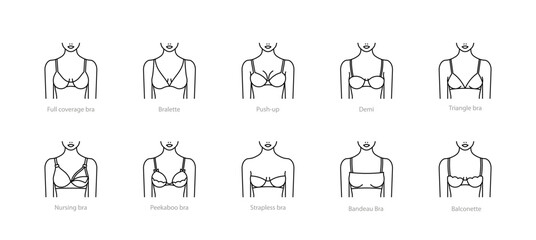 Fototapeta premium Lingerie line icons. Underwear female breasts - bra, push-up, bralette, balconette, triangle, nursing, strapless, bandeau. Female body front view. Editable stroke, linear illustration. Minimal style