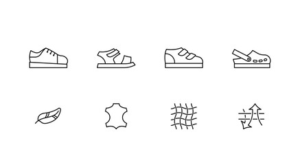 Children shoes, icons - sandals, sneakers, clogs. Orthopedic shoes for kids. Fabric feature - Summer footwear - leather, breathable, synthetic, resistant. Editable stroke, linear illustration.