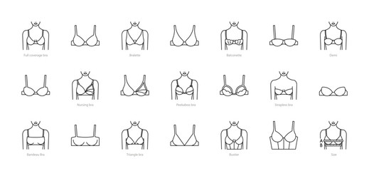 Lingerie line icons. Underwear female breasts - bra, bralette, balconette, triangle bra, nursing, strapless, bandeau. Female body front view. Editable stroke, linear illustration. Minimalist style