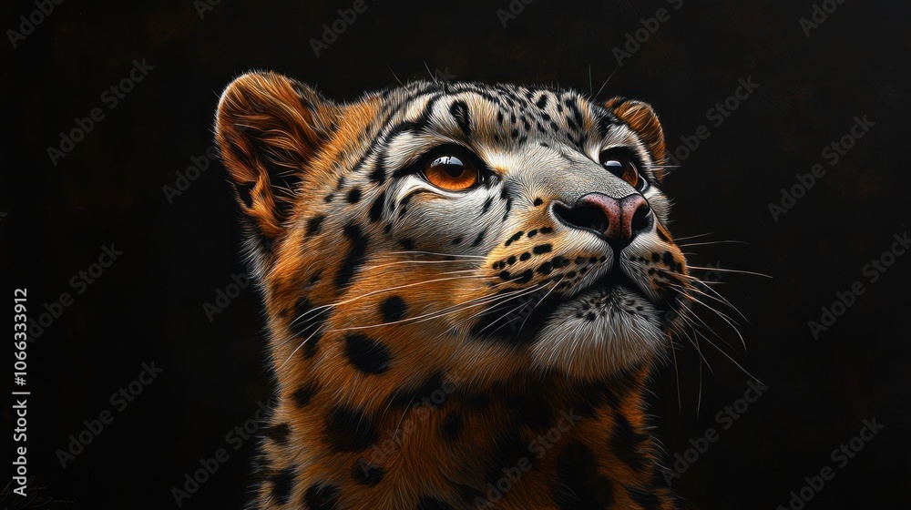 Poster a close-up portrait of a snow leopard looking up with a dark background.