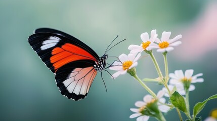 Naklejka premium A butterfly landing gently on a flower, its delicate wings contrasting with the vibrant petals, showcasing the beauty of nature details.
