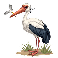 Fototapeta premium A charming stork stands proudly, embodying grace and companionship in nature s wonder, digital illustration of anthropomorphism concept.
