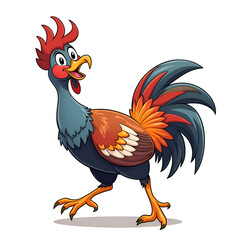 A vibrant rooster struts with joy and confidence in a colorful display of feathers, digital illustration of character design concept.