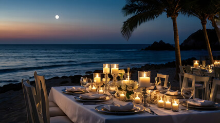 Fototapeta premium elegant dining setup by the ocean at night, with the table illuminated by soft candlelight and lanterns