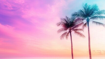 Obraz premium Silhouettes of palm trees against a vibrant purple and pink sunset sky, creating a tropical and serene atmosphere.