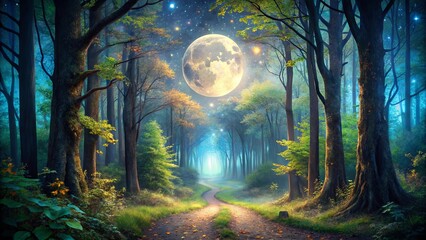 An Enchanting Moonlight Path Through a Tranquil Forest, Illuminated by a Glowing Moon and Twinkling Stars, Inviting Exploration of the Unknown